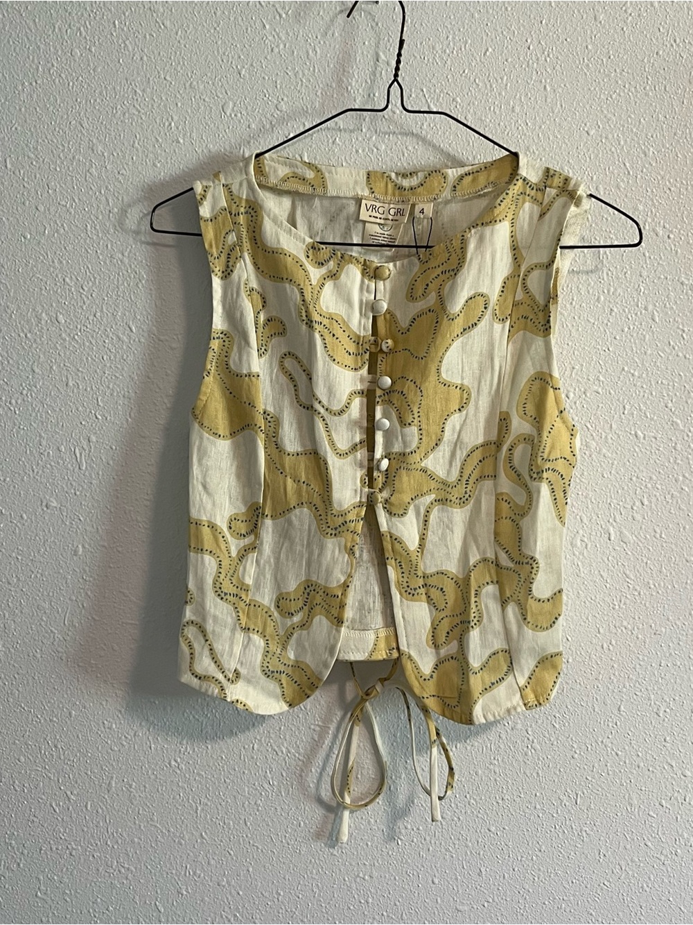 VRG GRL Yellow & Cream Linen Button-Front Tie-Hem Sleeveless Blouse Size 4